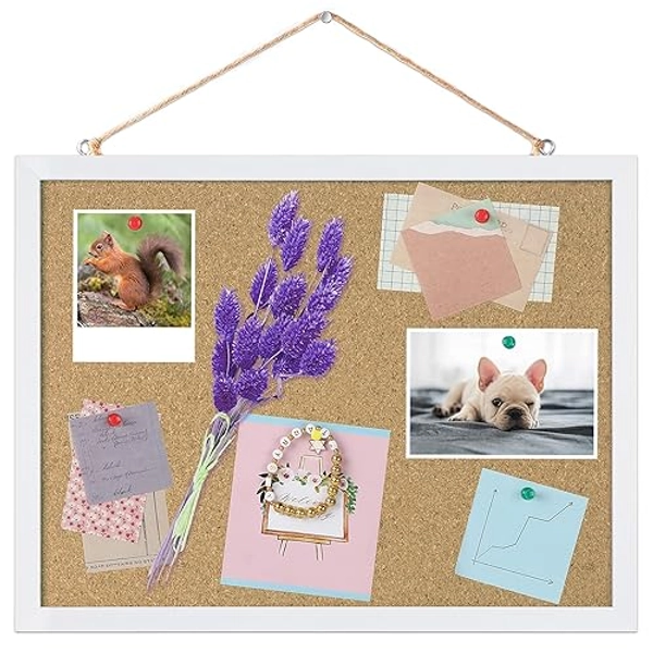 FEBSNOW Cork Board Bulletin Board 15.7 x 12 Inches with Rectangle White Frame Hanging Pin for Office Home Message Board or Vision Board Decoration - 15.7" x 12" - White Border Color