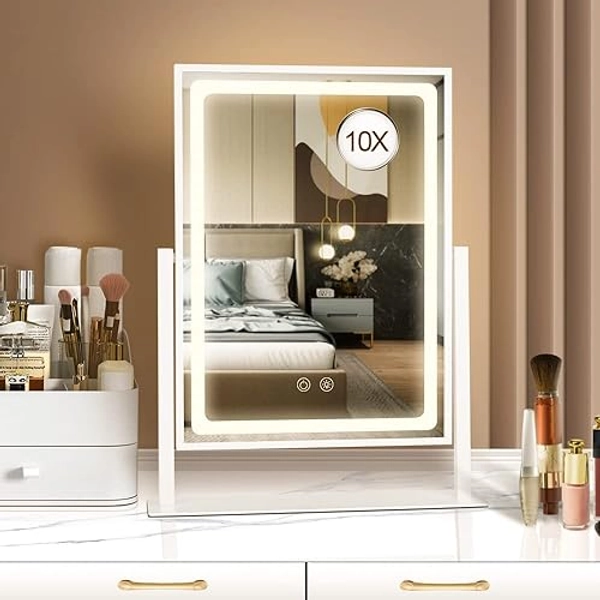 BRIGHTINWD Lighted Makeup Mirror, Hollywood Vanity Mirror with Lights, Touch Control 3 Color Lighting Modes for Bedroom, Detachable 10X Magnification Mirror, 360°Rotation (16 in, White) - A-white 13.7"