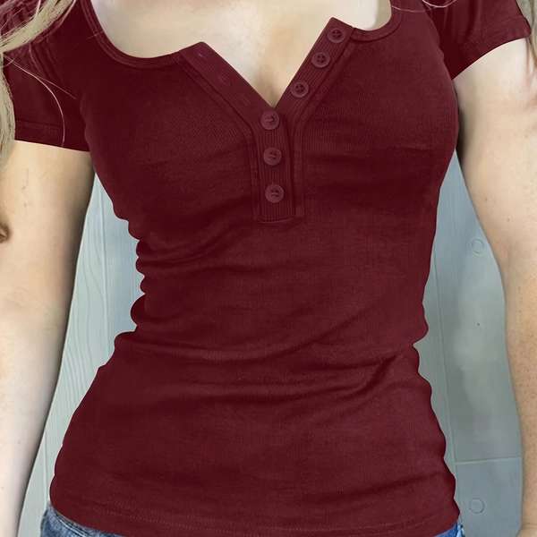 Directional Women'S New Spring And Summer Y2K Solid Color Ribbed Slim-Fit Button Short-Sleeve Knit T-Shirt.