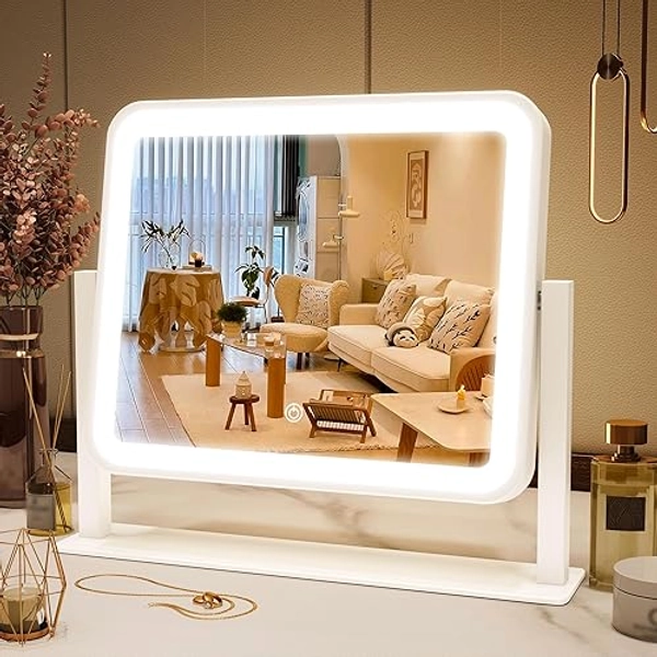 FENNIO Vanity Mirror with Lights 14"×12" Makeup Mirror with Lights,Lighted Vanity Mirror Tabletop,Smart Touch with 3-Color Lighting,Dimmable,for Vanity Desk Tabletop - White - 12"L x 14"W