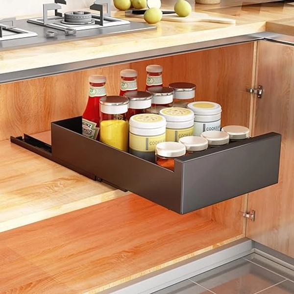 SAYZH Tiroir Coulissant, Tiroir Coulissant Telescopique Cuisine pour Placard de Cuisine, Tiroir Coulissant Extensible, (25 cm l x 43 cm p x 9 cm h), pas Besoin de Percer ni de Clouer (Noir) - Noir - 25x43x9cm