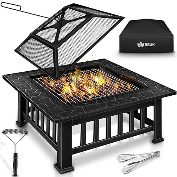 tillvex Feuerschale mit Funkenschutz & Grillrost | Feuerstelle Outdoor für den Garten | 3 in 1 BBQ Grill mit Abdeckung, Schürhaken, Zange & Kohlerost - Schwarz (Vierkant)