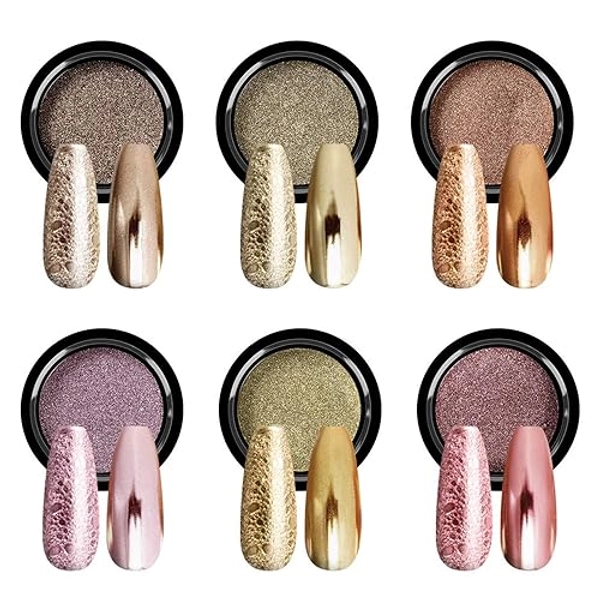 SAVILAND Chrome Nail Powder Set - 6 Colors Rose Gold Chrome Nail Powder Holographic Metallic Mirror Nail Effect Manicure Pigment for Nail Decoration Salon Home DIY Christmas Gift - A1-6 Colors
