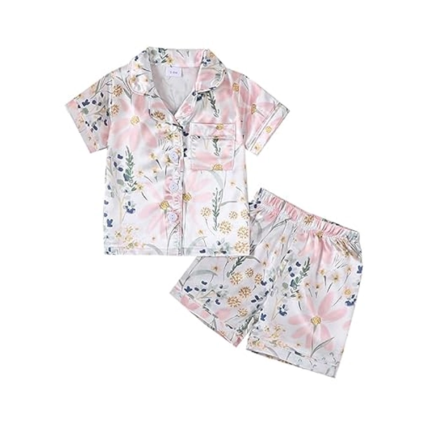 Ayalinggo Toddler Kids Baby Girl Solid Pjs Ruffle Long Sleeve Button Shirt Top and Pants Cotton 2Piece Pajamas Set - S-pink Floral - 12-18 Months