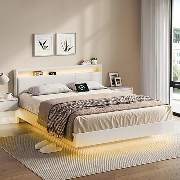 VASAGLE Lit Double, Cadre de Lit, 160 x 200 cm, Lit Flottant, Lit avec Éclairage LED, Tête de Lit Haute, Multiprise, Style Moderne, Blanc Nuage RMB865W01 - 160l x 200L cm