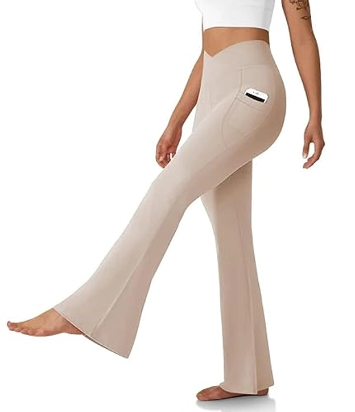 DLOODA Women's Flare Leggings with Pockets-Crossover High Waisted Bootcut Yoga Pants-Tummy Control Bell Bottom Leggings - X-Small - Khaki