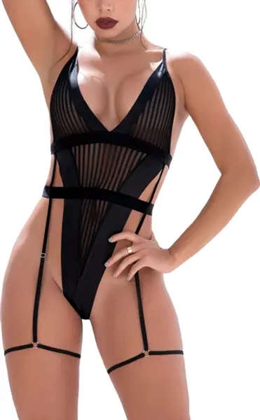 Mapale Stripe Mesh Thong Teddy & Garter Straps | Nordstrom