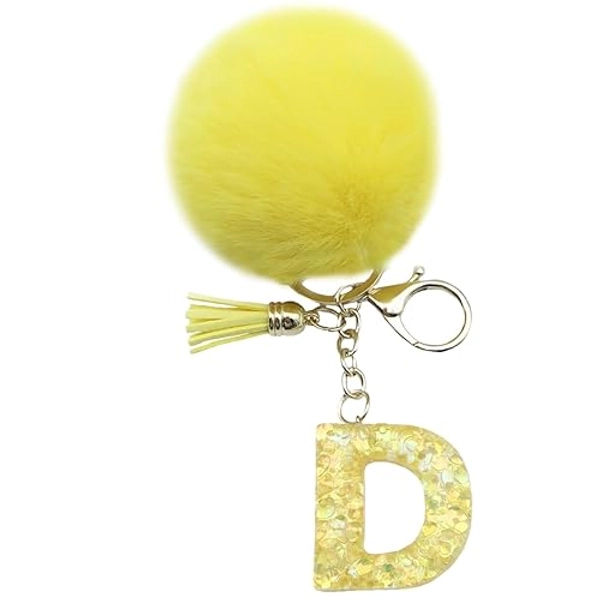 Unpafcxddyig Initial Letter Resin Alphabet Key Rings with Fur Ball Pom pom keychains Yellow for Purse Handbags Women - D