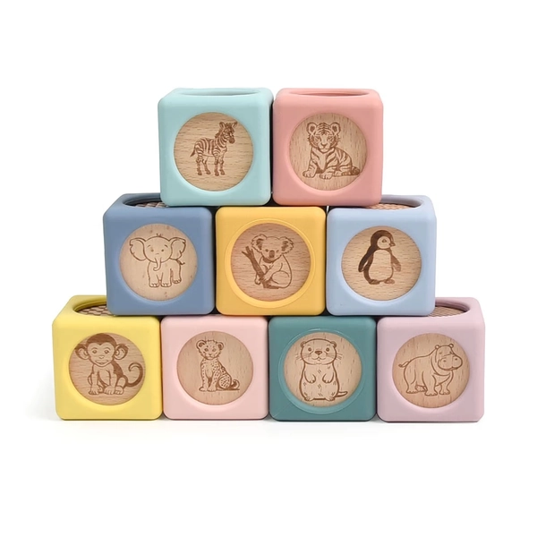 Little Rawr Silicone 9 Pack Wood Blocks