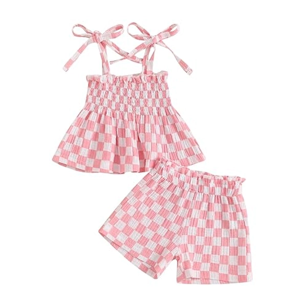 Lamuusaa Toddler Baby Girl Summer Clothes Sleeveless Strap Tank Top Cami Checkerboard Cotton Linen Shorts Set 6M-3T - Pink - 2-3T