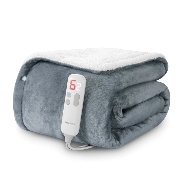 MaxKare 50" x 60" Electric Throw Blanket with 6 Heating Levels & 1-5H Auto-off, Machine Washable Flannel & Sherpa, Gray & White