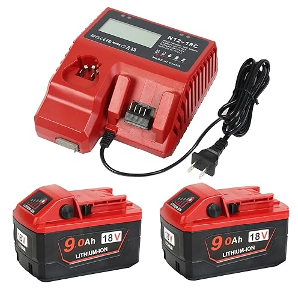 New Version 18V 9.0 Ah Battery and Charger Combo Kit Replace for Milwaukee m18V Lithium Ion Batteries 48-11-1862/1852/1840/1830(2)+ 18V Battery Charger 48-59-1812 - 18V battery and charger kit