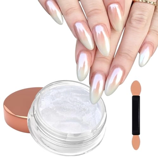 Laza Mermaid Pearl Chrome Nail Powder, Glazed Donut Metallic Mirror Effect Pigment, Iridescent Aurora Nail Glitter Holographic Fairy Dust Gel Nail Art Supplies Nail Techs, Resin Craft – Misty Silver - Misty Silver