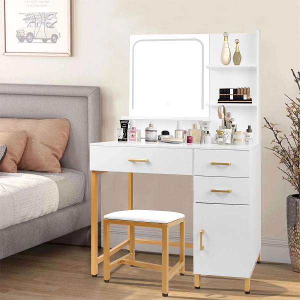 Mercer41 Wohlert Vanity Makeup Vanity Desk with Mirror & Lights, Vanity Table Set with Storage Drawers, Shelves, Cabinet & Stool, Bedroom Dressing Table with 3 Color Light Adjustable, White | Wayfair