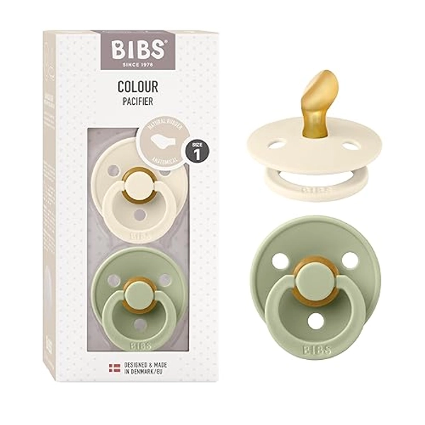 BIBS Pacifiers - Set of 2 | Colour Pacifier with Anatomical Nipple | BPA-Free Natural Rubber | Made in Denmark | Ivory/Sage | Size 0-6 Months - Ivory/Sage - 0-6 Months