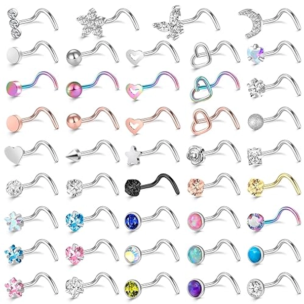 ONESING 36-44 Pcs 18G 20G Nose Rings Studs Nose Rings for Women Nose Piercings Jewelry Surgical Stainless Steel Nose Studs Moon Star Heart Butterfly Hypoallergenic Body Piercing Jewelry for Women Men - 20G Colorful A-Screw- 44 Pcs
