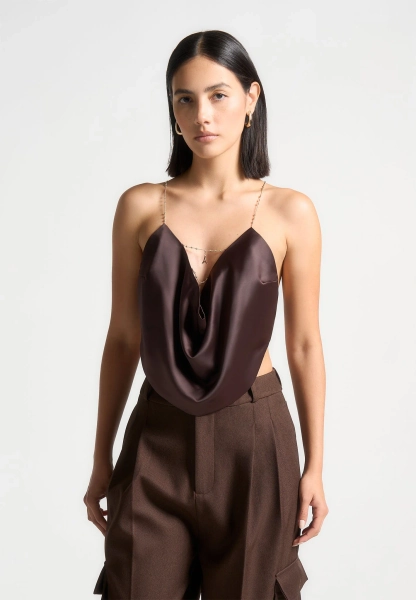 Satin Cowl Neck Top with Chain Detail - Brown | US 10 / Brown / WMN3959-11