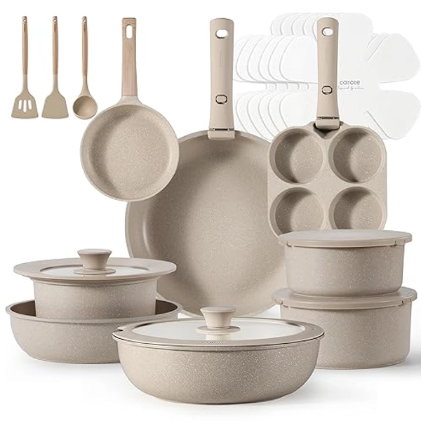 CAROTE 23pcs Detachable Handle Pots and Pans Set, Nonstick Cookware Set, Removable Handle Pots and Pans Non Stick, RV Oven Safe Cookware, Induction Kitchen Set, Taupe, Dishwasher Safe - 23pcs taupe set