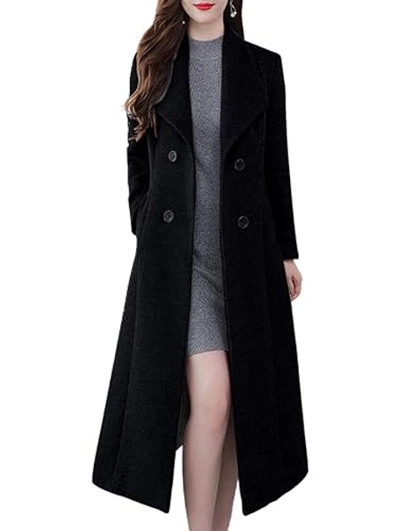 ebossy Women's Shawl Collar Double Breasted Below Knee Slim Wool Trench Long Coat - Medium - Black
