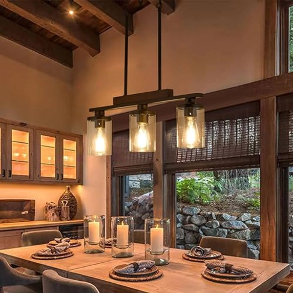 Wood Island Light for Kitchen/Restaurant,3-Light Farmhouse Dining Room Fixture/Chandelier Over Table/Bar,Matte Black Industrial Linear Pendant Lighting Fixtures Ceiling Hanging with Glass Shade-E26 - 3-Light