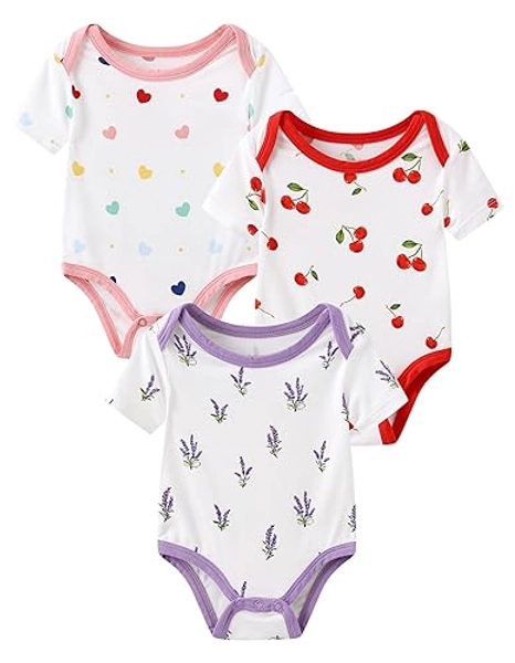BambooBud 3-pack Short Sleeve Bodysuits for Baby Infant Boys Girls Snap Pajamas Viscose from Bamboo Bodysuit - Lavender/ Cherry/ Heart - 6-12Months