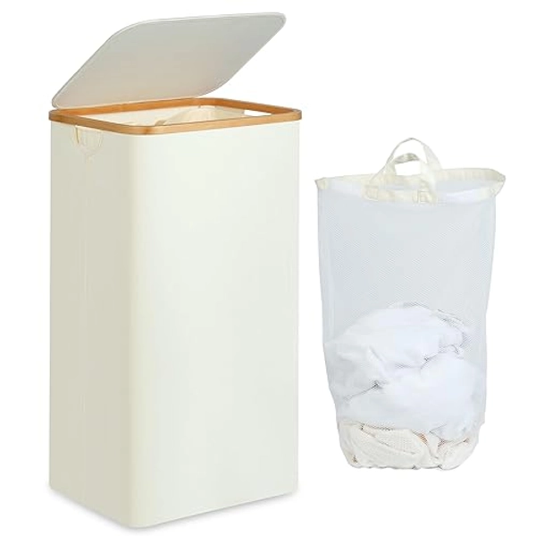 efluky Laundry Basket with Lid and Removable Bag, 100L Tall Laundry Hamper with Bamboo Handles, Aesthetic Dirty Clothes Bin for Laundry Room, Bathroom, Bedroom and Dorm, Beige - 100L Single - Beige