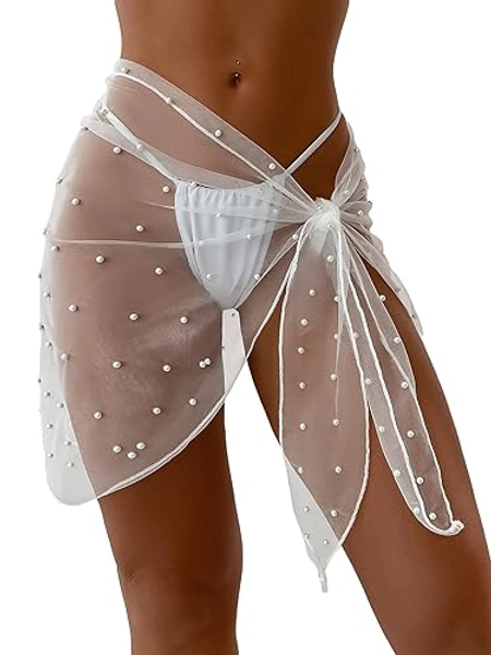 GORGLITTER Women's Faux Pearl Cover Up Sarong Sheer Mesh Swimsuit Cover Up Beach Bathing Suit Wrap Skirt - One Size - White