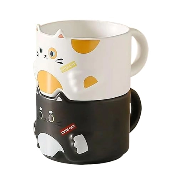 Stackable Cat Mug Set of 2, Adorable Ceramic Coffee Mugs for Cat Lovers, Funny Cartoon Cat Designs, Perfect Gifts for Party, Christmas, and Cat Enthusiasts, 10 oz, Black and White - Black/White