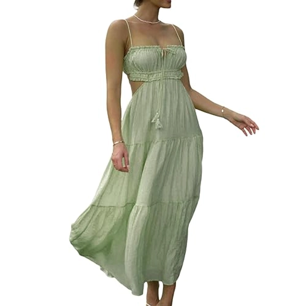 Women Y2k Bodycon Long Dress Spaghetti Strap Cutout Maxi Dress Sexy Backless Dress Clubwear - Small - Green