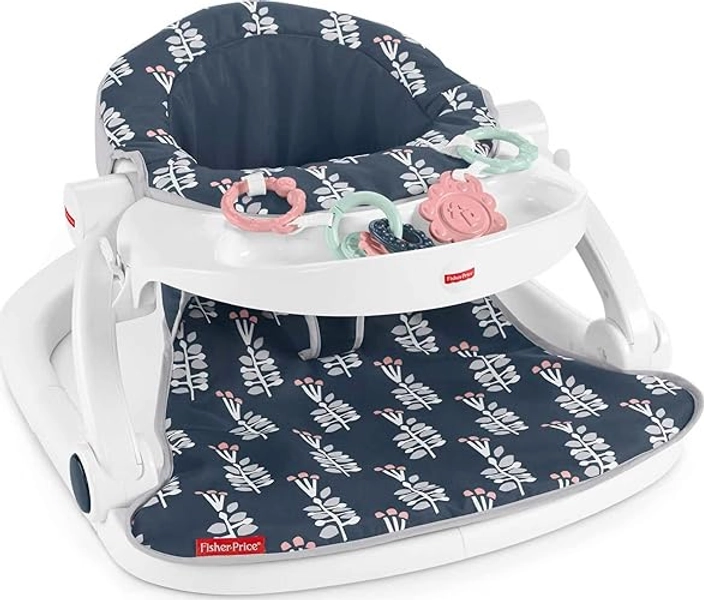 Fisher-Price Portable Baby Chair Sit-Me-Up Floor Seat With Snack Tray And Developmental Toys, Navy Garden - Navy Garden - Baby Seat
