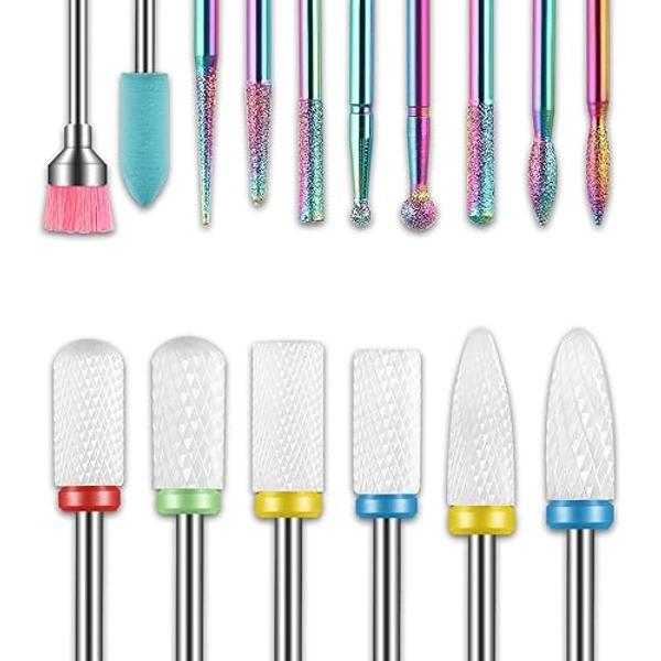 16pcs Nail Drill Bits Sets, 3/32 Inch Diamond Cuticle Electric Nail File and Ceramic Acrylic Gel Nail Bit Kit, Acrylic Nail Art Tools, Carbide Cuticle Remover Bits for Manicure Pedicure, Home Salon - Multicolor