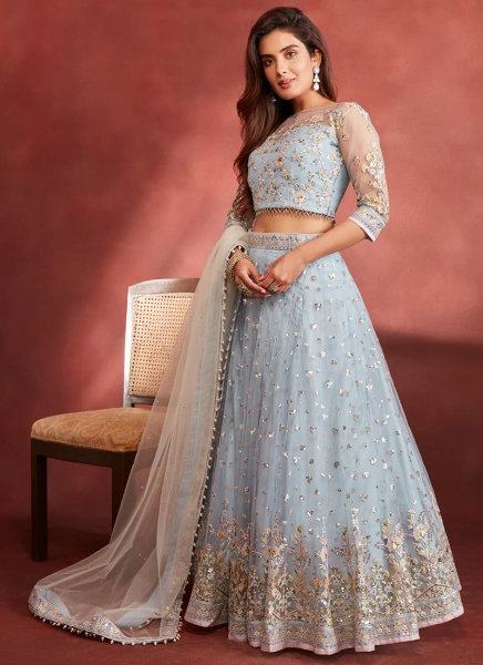 Dusty Blue Embroidered Net Lehenga
