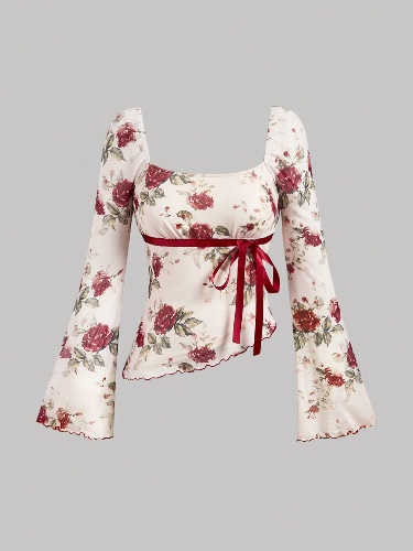 SHEIN MOD Elegant Floral Bowknot Tie Flared Sleeve T-Shirt,Summer/Fall/Winter Women T-Shirt,Frenchies T-Shirt,Beach,Party,Homecoming,Brunch Women Outfit,Fall Wedding Guest T-Shirt,Vintage T-Shirt,Teacher T-Shirt,90s Outfit,Cottage Core,Korean Fashion,Long Sleeve Cute T-Shirt