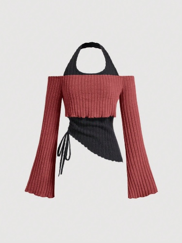 SHEIN MOD Women's Off Shoulder Halter Drawstring Ruffle Hem Flared Sleeve 2 In 1 T-Shirt