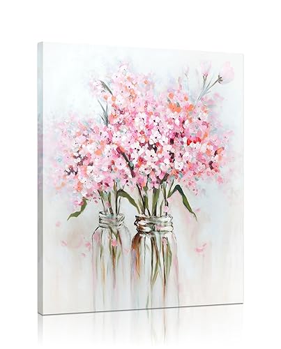 YPY Pink Flowers Canvas Wall Art: Abstract Bouquet in Vase Artwork Prints for Teen Girl Bedroom Pink Floral Picture Poster Bathroom Decor 12" x 15" - Pink Flower - 15L" x 12W"