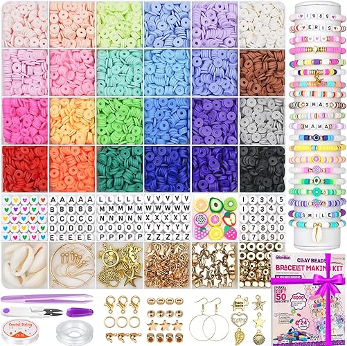 Gionlion 6000 Clay Beads Bracelet Making Kit, 24 Colors Flat Preppy Beads for Friendship Bracelets, Polymer Clay Beads with Charms for Jewelry Making, Crafts Gifts for Girls Ages 6-12 - Classic