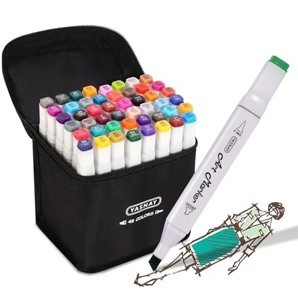 YASNAY Alcohol Markers, 48 Colors Dual Tip Art Markers, Drawing Markers, Coloring Marker for Kids Sketching Adult Coloring - 48 Colors