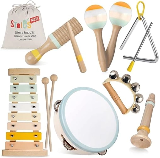 Stoie's Wooden Musical Instruments for Toddlers 1-3, Montessori Music Toys for 1 Year Old, with Xylophone, Tambourine and Maracas, Educational Development and Creativity, Baby Musical Instruments - Colours of joy music set