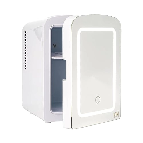 Paris Hilton Mini Refrigerator and Personal Beauty Fridge, Mirrored Door with Dimmable LED Light, Thermoelectric Cooling and Warming Function for All Cosmetics and Skincare Needs, 4-Liter, White - 4-Liter - White