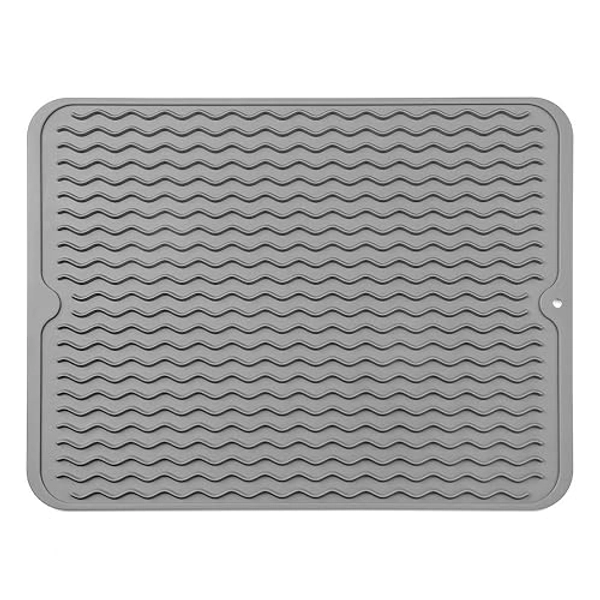 MicoYang Silicone Dish Drying Mat for Multiple Usage,Easy clean,Eco-friendly,Heat-resistant Silicone Mat for Kitchen Counter or Sink,Refrigerator or Drawer liner Grey L 16 inches x 12 inches - L (16"×12") - Gray