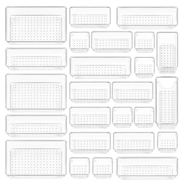 Vtopmart 25 PCS Clear Plastic Drawer Organizers Set, 4-Size Versatile Bathroom and Vanity Drawer Organizer Trays, Storage Bins for Makeup, Bedroom, Kitchen Gadgets Utensils and Office - Clear