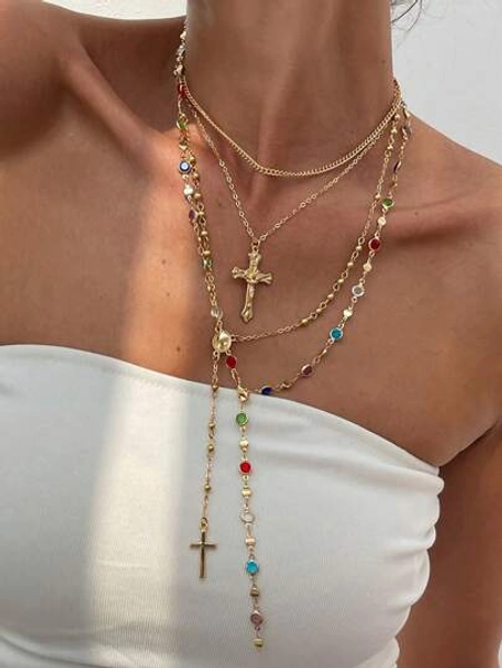 4pcs/Set Bohemian Style Colorful Crystal & Vintage Metal Cross Pendant Y-Necklace Set, Suitable For Women's Everyday And Holiday Wear, Gift For Friends On Festivals (Assorted Crystal Colors)