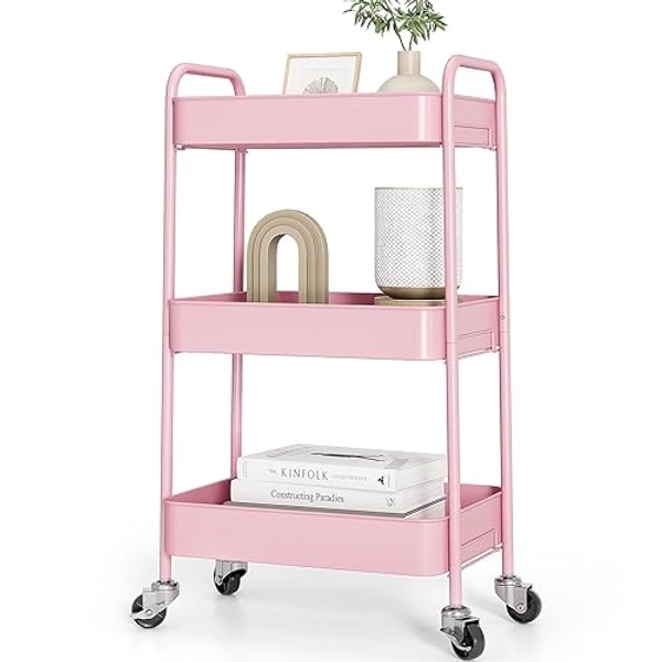 TOOLF 3-Tier Metal Rolling Cart with Wheels, Storage Utility Organizer Cart for Kitchen, Bathroom, Office, Baby Essentials & Makeup - Lockable Casters, Easy Assembly, 132 lbs Capacity, Pink - Pink - 3-Tier