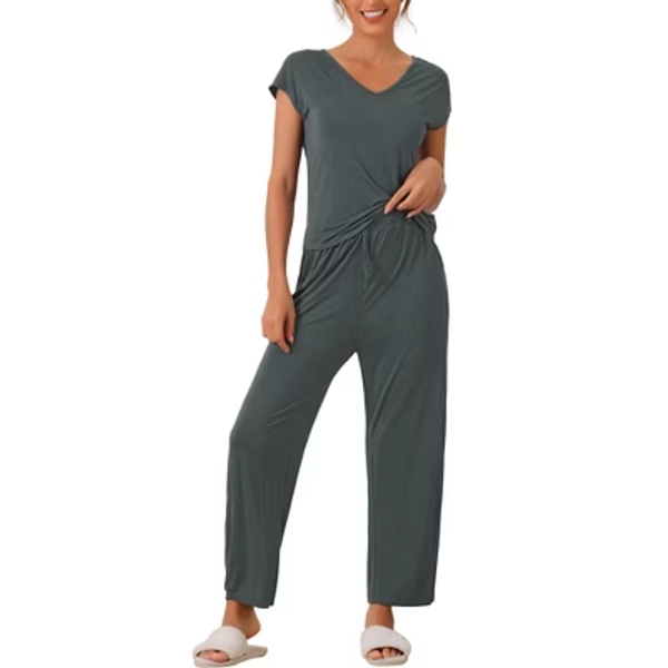cheibear Women's Short Sleeve Top with Long Pants Modal Casual 2 Piece Loungewear Set Deep Grey Small