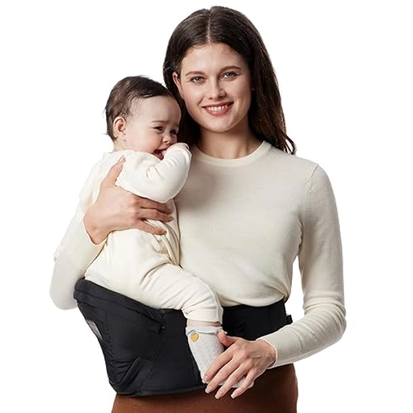 Momcozy Hip Seat Baby Carrier - Adjustable Waistband with Original 3D Belly Protector, Ergonomic Carrier with Various Pockets for Newborns & Toddlers up to 45lbs (Black, Medium) - Black - Medium