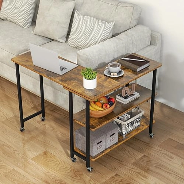 Tangkula 360° Rotating Sofa Side Table, Patented Mobile End Table with 2-Tier Storage Shelves, Swivel Rolling Desk with 6 Lockable Casters, Metal Frame, Movable Laptop Table Couch Snack Table for Home - Brown - Medium