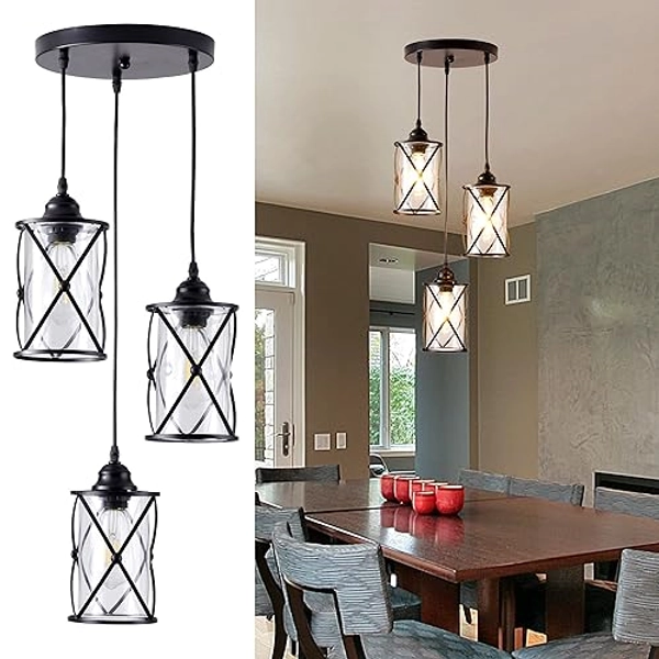 DuMaiWay Industrial Pendant Light, 3-Light Metal Cage Rustic Hanging Pendant Lights Fixture Ceiling with Glass Shade for Kitchen Island, Dining Room, Cafe, Farmhouse, Foyer (Black E26 Base)