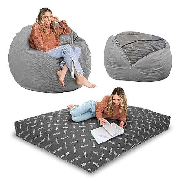 CordaRoy's Chenille Bean Bag Chair, Convertible Chair Folds from Bean Bag to Lounger, As Seen on Shark Tank, Charcoal - Queen Size - Queen - Charcoal