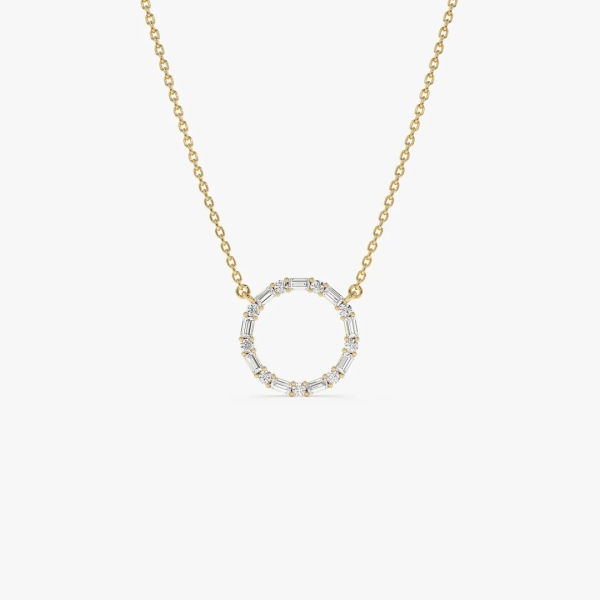 Diamond Necklace, 14k Baguette & Round Diamond Circle Necklace, White Gold, Rose Gold Circle Pendant, Dainty and Minimalist Pendant - Etsy