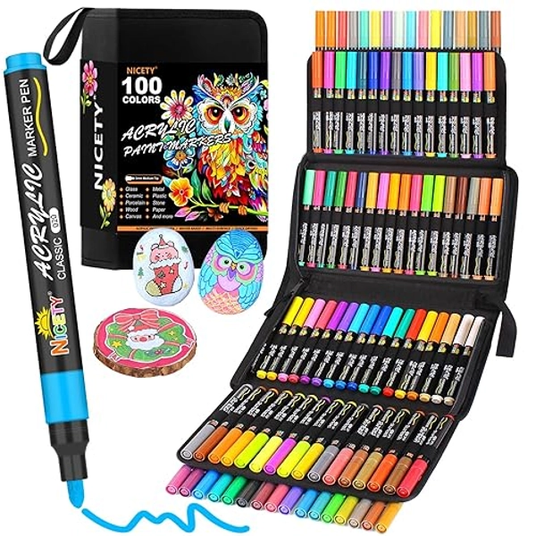 NICETY 100 Couleurs Feutre Acrylique - Pointe Moyenne de 3 mm - Marqueurs de Peinture pour Roche, Verre, Bois, Porcelaine, Céramique et Tissu - Stylos Acryliques à Base d'Eau